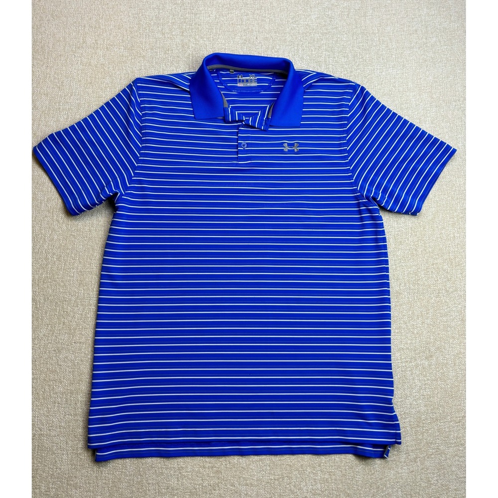 Under Armour Mens XL HeatGear Loose Striped Polo Shirt Blue White Short Sleeve